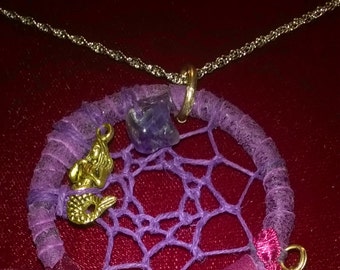 Mermaid Dreamcatcher Necklace, features Mermaid Magic Glitter,mermaid charms,mermaid tag charms,pheasant feathers,amethyst gemstone,pendant