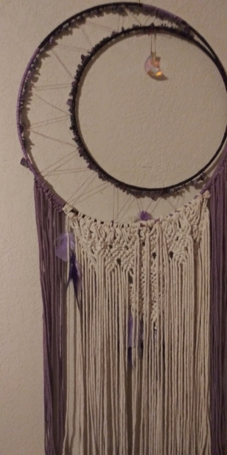 Large Amethyst Macrame Moon Dream Catcher READY TO SHIP image 0