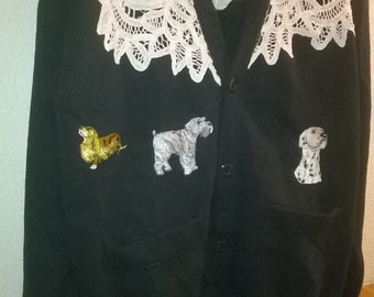 Cardigan Sweater with Battenburg Lace handmade with Embroidered Dogs