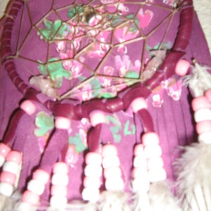 Dreamcatcher of Bleeding Hearts Blooms, handpainted original on leather,burgundy pink, fluffy cloud white feathers,Native American inspired image 2