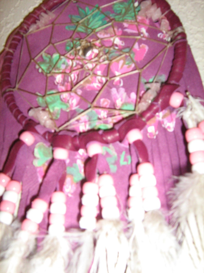 Dreamcatcher of Bleeding Hearts Blooms, handpainted original on leather,burgundy pink, fluffy cloud white feathers,Native American inspired image 2