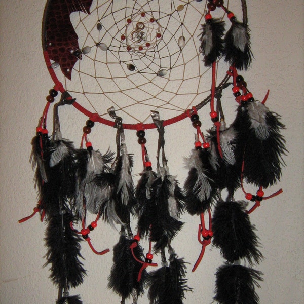 Dragon's Keep Dreamcatcher, native woven, opals, agate, and carnelian designer leather, large dreamcatcher made in black and red