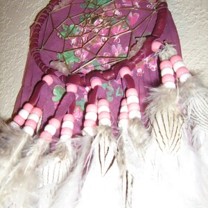 Dreamcatcher of Bleeding Hearts Blooms, handpainted original on leather,burgundy pink, fluffy cloud white feathers,Native American inspired image 4
