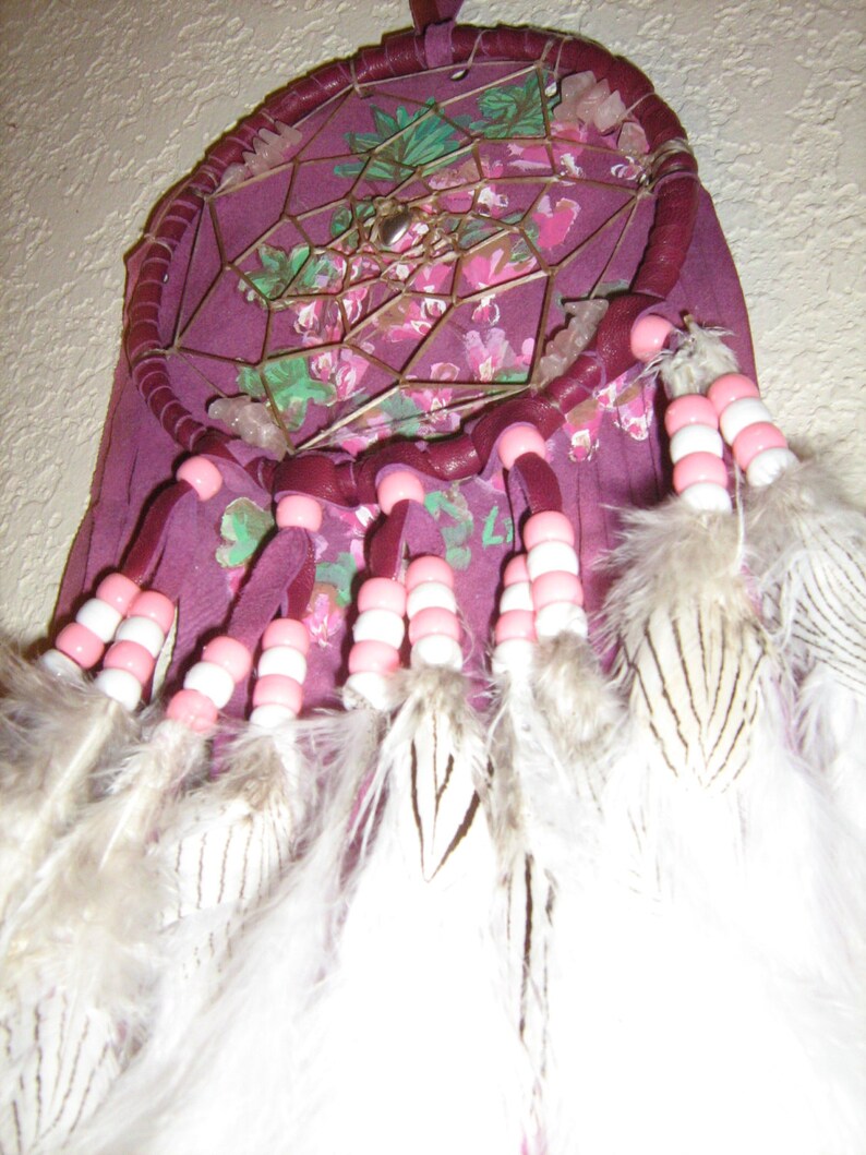 Dreamcatcher of Bleeding Hearts Blooms, handpainted original on leather,burgundy pink, fluffy cloud white feathers,Native American inspired image 4