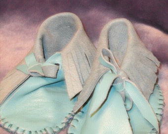 Blue Leather baby moccasins with fringe,Turquoise Booties, fits 3-6 months,handcrafted,Native American inspired