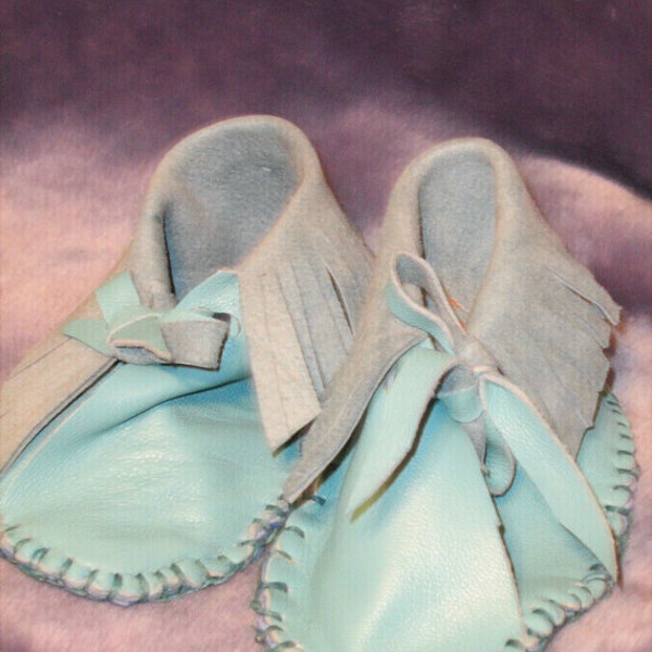 Blue Leather baby moccasins with fringe,Turquoise Booties, fits 3-6 months,handcrafted,Native American inspired