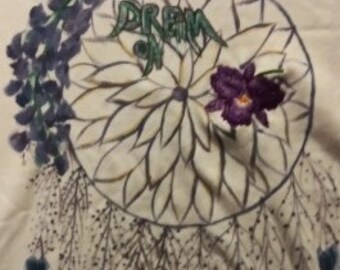 White Dreamcatcher Tshirt with Embroidered Orchid and hand painted floral design