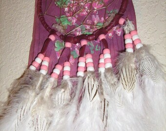 Dreamcatcher of Bleeding Hearts Blooms, handpainted original on leather,burgundy pink, fluffy cloud white feathers,Native American inspired