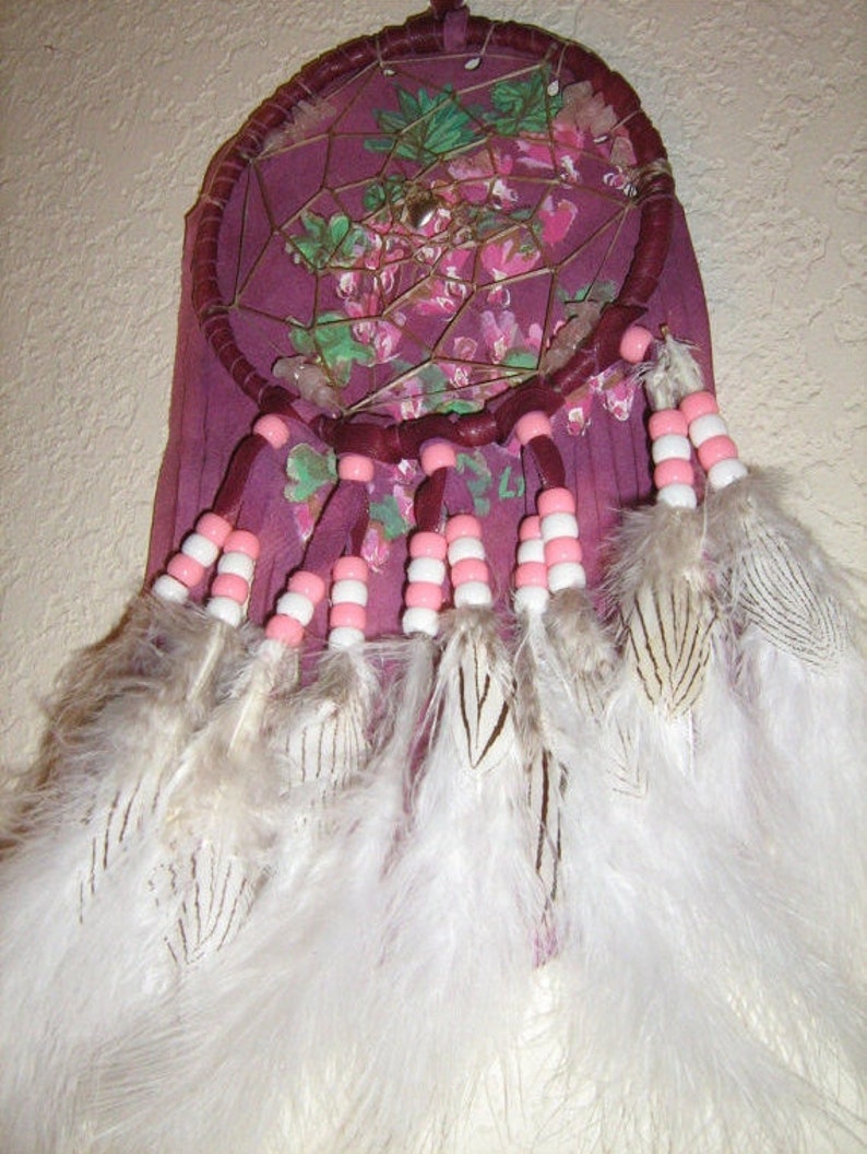 Dreamcatcher of Bleeding Hearts Blooms, handpainted original on leather,burgundy pink, fluffy cloud white feathers,Native American inspired image 1