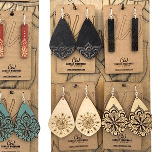 Boho Mandala Earrings, Medallion, Charcoal Black, Unfinished Wood, Teardrop, Rectangle Engraved