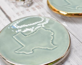 Texas White Yellow Gold Jewelry Trinket Dish, Ceramic Handmade Coffee Spoon Rest, Blue Gray Silver Stoneware Wedding Engagement Gift for Her