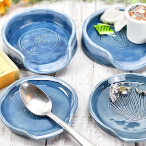 Seashell Ceramic Spoon Rest, Blue Beach Decor Handmade Medium & Large Stoneware Pottery for Stovetop, Table, or Counter with Sand Dollar