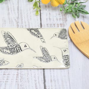 Hummingbird Ceramic Flat Spoon Rest, Handmade Stoneware Pottery Gift in Black and White