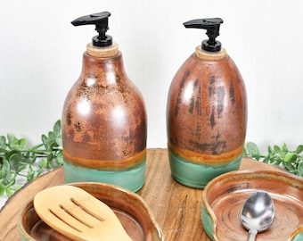 Ceramic Lotion / Soap Dispenser & Stove Top Spoon Rest Handmade Stoneware Pottery in Copper and Turquoise Green for Kitchen and Bathroom