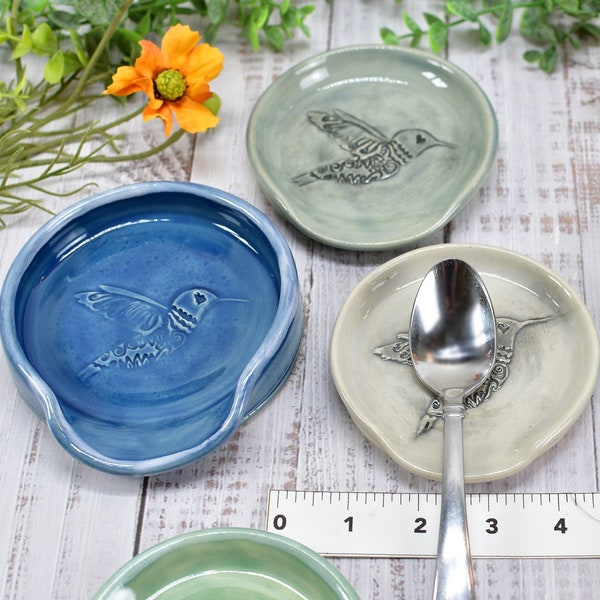 Hummingbird Ceramic Coffee Spoon Rest, Medium and Large Handmade Stoneware Stove Top Pottery in Blue, Gray, Green, Celadon - Gift for Her