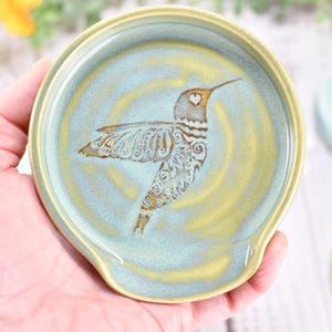 Hummingbird Ceramic Spoon Rest, Medium Handmade Stoneware Pottery in Pastel Blue, Gray, Green - Trinket Dish Housewarming Gift