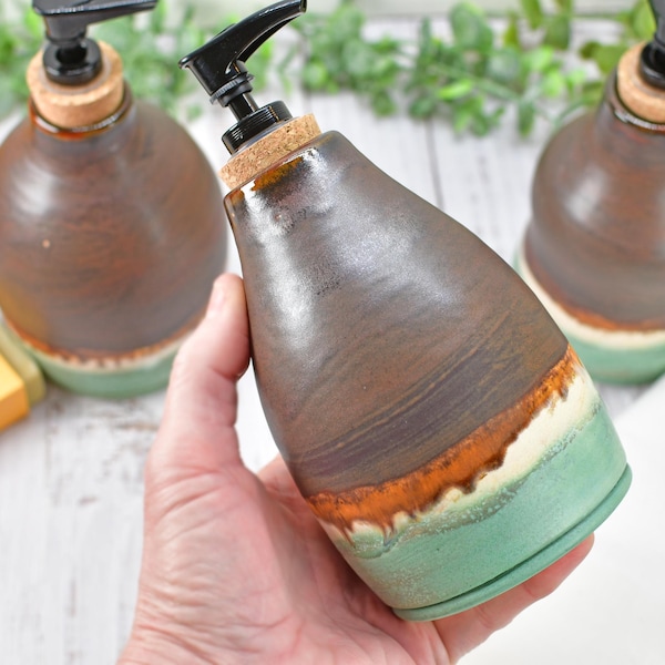 Ceramic Lotion / Soap Dispenser Handmade Stoneware Pottery in Bronze, Copper, Rust Orange, and Turquoise for Bathroom and Kitchen Decor
