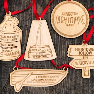 Emmet Otter&#39;s Jug-Band Christmas Movie-Inspired Ornaments with Quotes, Wooden Christmas Tree Decor