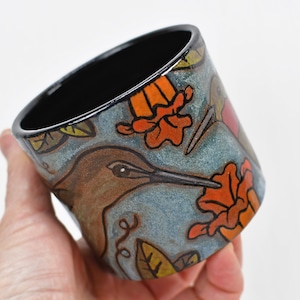 Hummingbird Handmade Pottery Cup Gift for Mom, Small Ceramic Handleless Tumbler, Stoneware Hand Painted, Microwave Safe, Ready to Ship