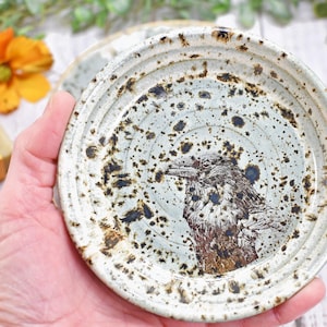 Raven Bird Ceramic Dish, Handmade Pottery, Medium Large Spoon Rest for Coffee Tea Stovetop, Countertop, Robins Egg Gray Blue Speckled