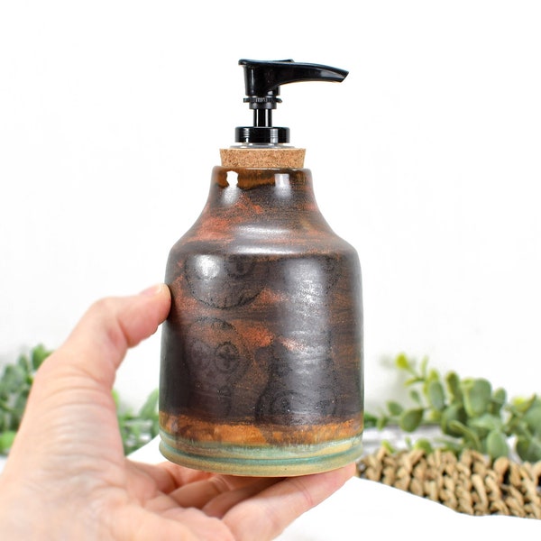 Handmade Ceramic Lotion / Soap Dispenser with Sugar Skulls, Stoneware Pottery in Copper Green Bronze Teal for Bathroom & Kitchen Home Decor