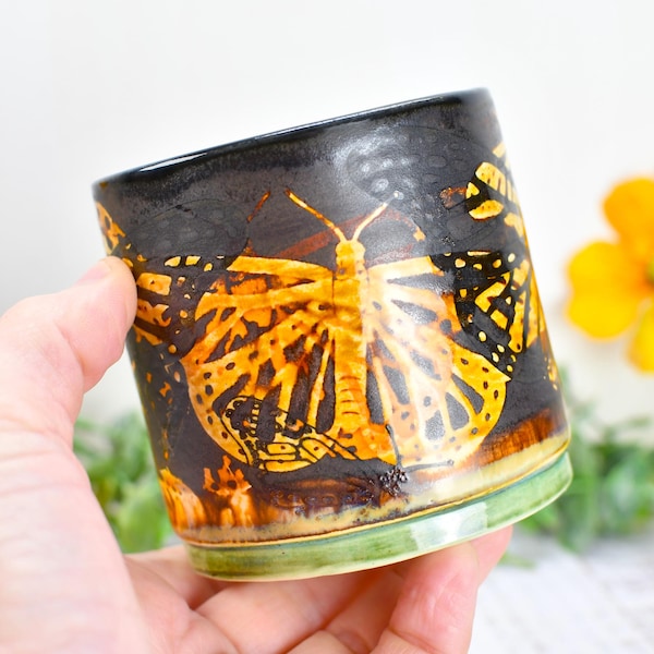 Butterfly Bronze Ceramic Cup for Wine, Whiskey, Bourbon, Pottery Anniversary Handmade Tumbler, Black, Green, Tan, Monarch Garden Lover Gift