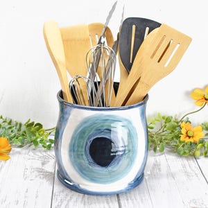 Ceramic Utensil Holder Crock Evil Eye, Pottery Seconds Sale, Kitchen Counter, Hand Painted Stoneware Organizer Turkish Blue White Handmade