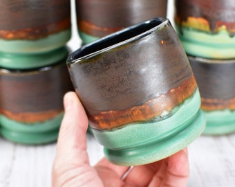 Bronze Whiskey Bourbon Tumblers, Handmade Ceramic Pottery Scotch Barware Anniversary or Gift for Groomsmen in Black, Patina Green, Turquoise