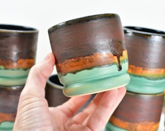 Bronze Whiskey Bourbon Tumblers, Handmade Ceramic Pottery Scotch Barware Anniversary or Gift for Groomsmen in Black, Patina Green, Turquoise