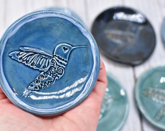 Hummingbird Ceramic Small Coffee Spoon Rest, Handmade Jewelry Trinket Dish, Stoneware Pottery Gift in Blue, Gray, Green, Purple, Turquoise
