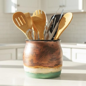 Ceramic Utensil Holder Crock for Kitchen Countertop, Copper Pottery Organizer in Turquoise Green and Cream, or Flower Pot Housewarming Gift