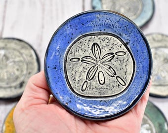 Sea Shell Ceramic Small Coffee Spoon Rest in Blue, Teal, Purple, Orange - Handmade Beach Decor Stoneware Pottery with Sand Dollars
