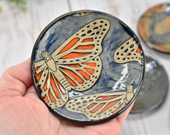 Monarch Butterfly Ceramic Small Coffee Spoon Rest, Handmade Stoneware Pottery Jewelry Trinket Dish, Bright Colors, Nature Gift for Mom