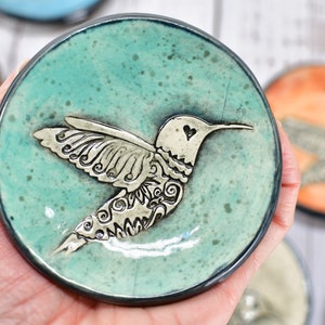 Hummingbird Ceramic Small Coffee Spoon Rest, Jewelry Trinket Dish, Handmade Stoneware Pottery, Blue, Gray, Green, Purple, Gift for Her