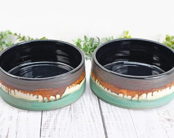 Ceramic Dog Food or Water Bowl in Bronze, Verdigris Green and Black - Handmade Stoneware Pottery Wheel Thrown Medium to Large Size Pet Dish