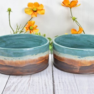 Ceramic Dog Food or Water Bowl, Handmade Stoneware Pottery Wheel Thrown Medium - Large Size Pet Food Dish in Copper and Turquoise Blue Ocean