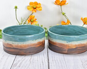 Ceramic Dog Food or Water Bowl, Handmade Stoneware Pottery Wheel Thrown Medium - Large Size Pet Food Dish in Copper and Turquoise Blue Ocean