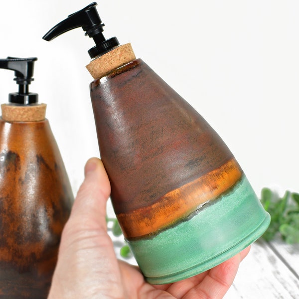 Handmade Ceramic Lotion / Soap Dispenser Stoneware Pottery in Bronze, Copper, Rust Orange, and Turquoise for Bathroom and Kitchen Decor