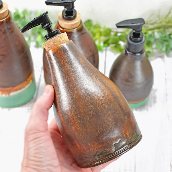 Ceramic Lotion / Soap Dispenser Farmhouse Pottery,  Handmade Bronze, Copper, Rust Orange, Cottagecore Kitchen Bath Decor