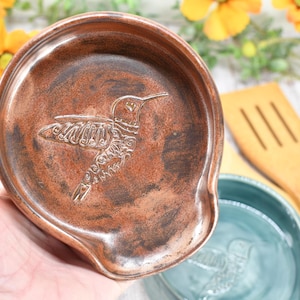 Hummingbird Ceramic Spoon Rest, Large Handmade Stoneware Pottery in Copper and Green - Trinket Dish Housewarming Mother's Day Gift