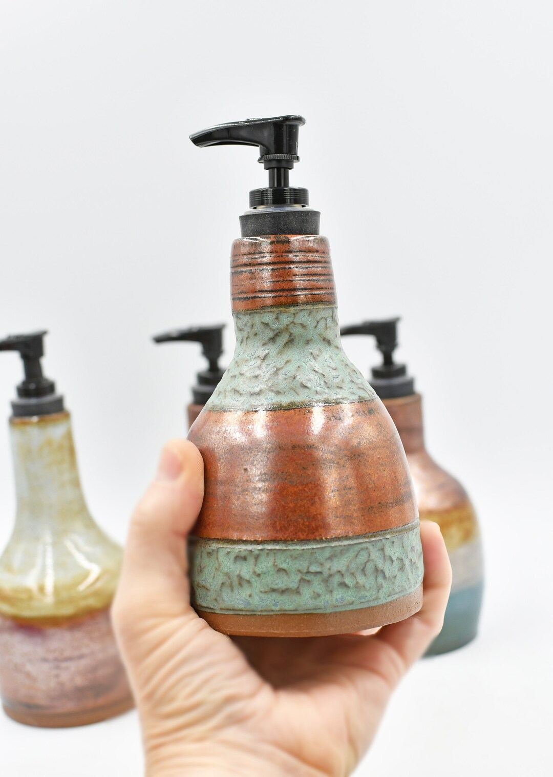 Handmade Ceramic Lotion / Soap Dispenser, Copper Verdigris Green