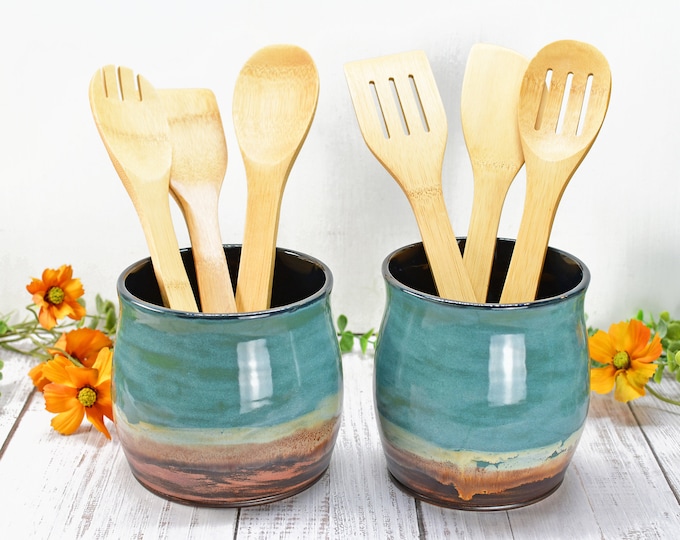 Ceramic Utensil Holder Crock for Kitchen Countertop, Pottery Organizer in Copper Bronze, Tourmaline Blue, Flower Pot, Housewarming Gift