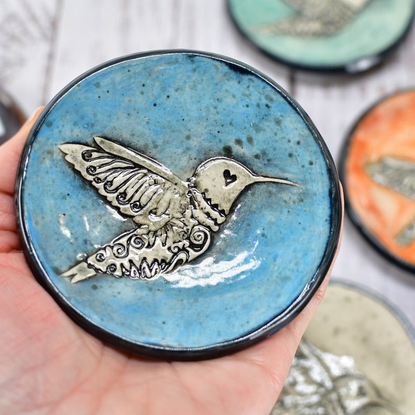 Hummingbird Ceramic Small Coffee Spoon Rest, Handmade Jewelry Trinket Dish, Stoneware Pottery Gift in Blue, Gray, Green, Purple, Turquoise