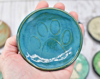 Paw Print Ceramic Small Coffee Spoon Rest, Jewelry Trinket Dish, Handmade Stoneware Pottery in Blue, Green, Teal, Brown, Black, Unique Gift