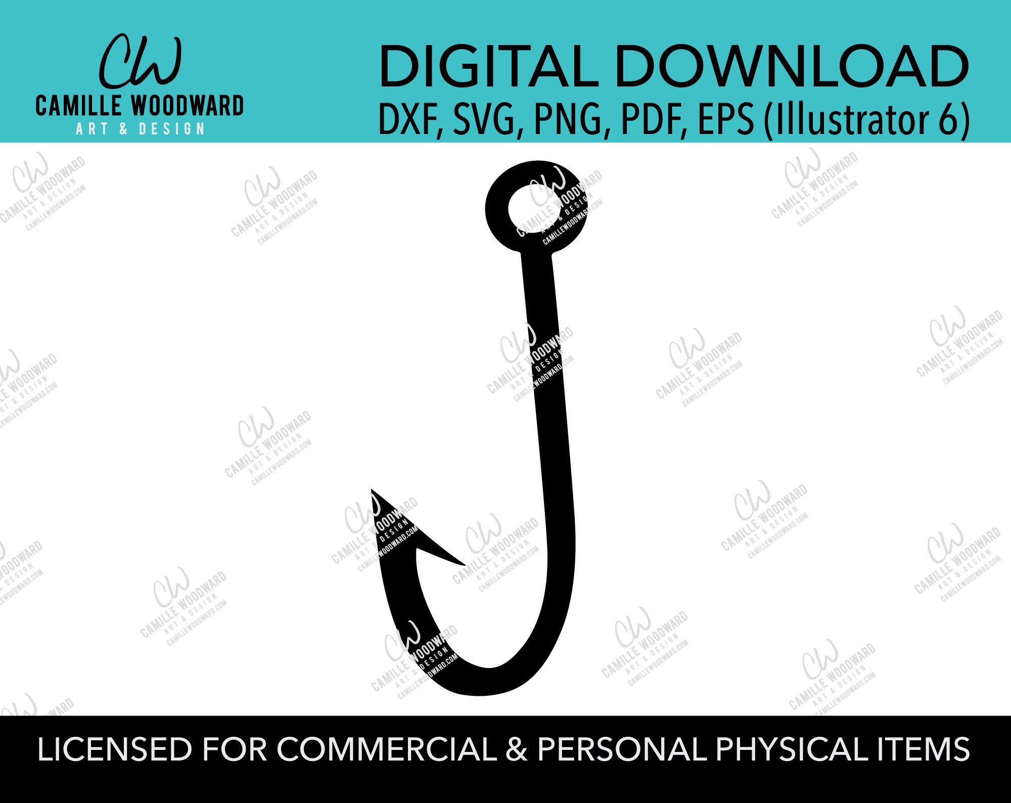 Cartoon Fish Hook Black and White, EPS, PNG SVG Digital Download  Transparent 