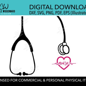 Puede incluir: Gráfico de estetoscopio en blanco y negro con un corazón rosa y la palabra "nurse". La imagen también incluye el texto "DIGITAL DOWNLOAD" y "LICENSED FOR COMMERCIAL & PERSONAL PHYSICAL ITEMS".