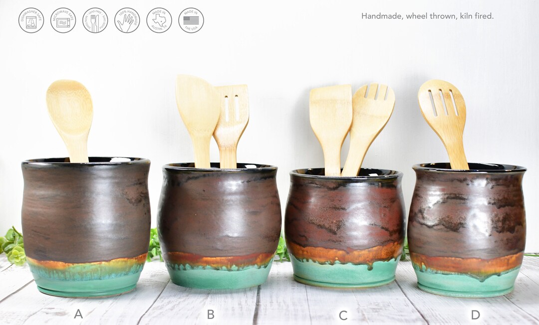 Bronze Ceramic Utensil Holder Crock for Kitchen Countertop, Pottery