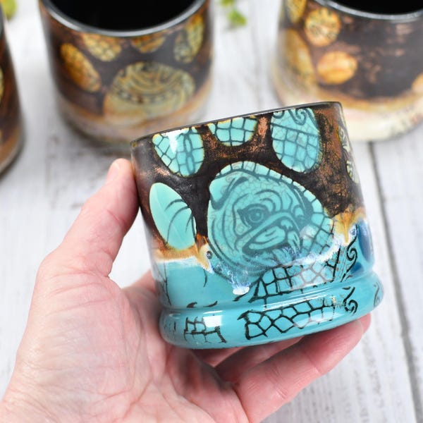 Anniversary Gift Cup for Pug Lover, Ceramic Copper Bronze Wine Tumbler, Handmade Pottery Dog Moms & Dad, Turquoise with Paw Print, Per Each