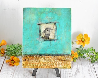 Original Encaustic Raven Painting, Turquoise Black Mixed Media Art on Wood Cradle Board