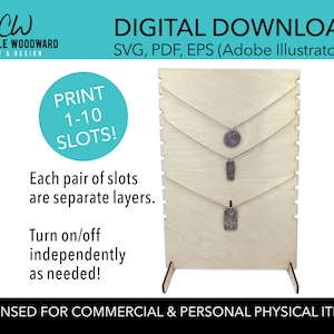 May include: A wooden jewelry display stand with three necklaces. The stand has a light wood finish and a series of slots for displaying jewelry. Text on the image reads "DIGITAL DOWNLOAD" and "PRINT 1-10 SLOTS!"